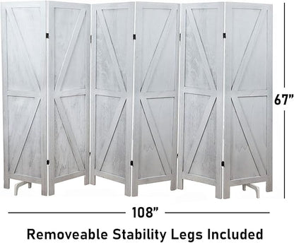 Premium Home 6-Panel Room Divider – Rustic White Barn Door, K Pattern Folding Privacy Screen, Partition Wall