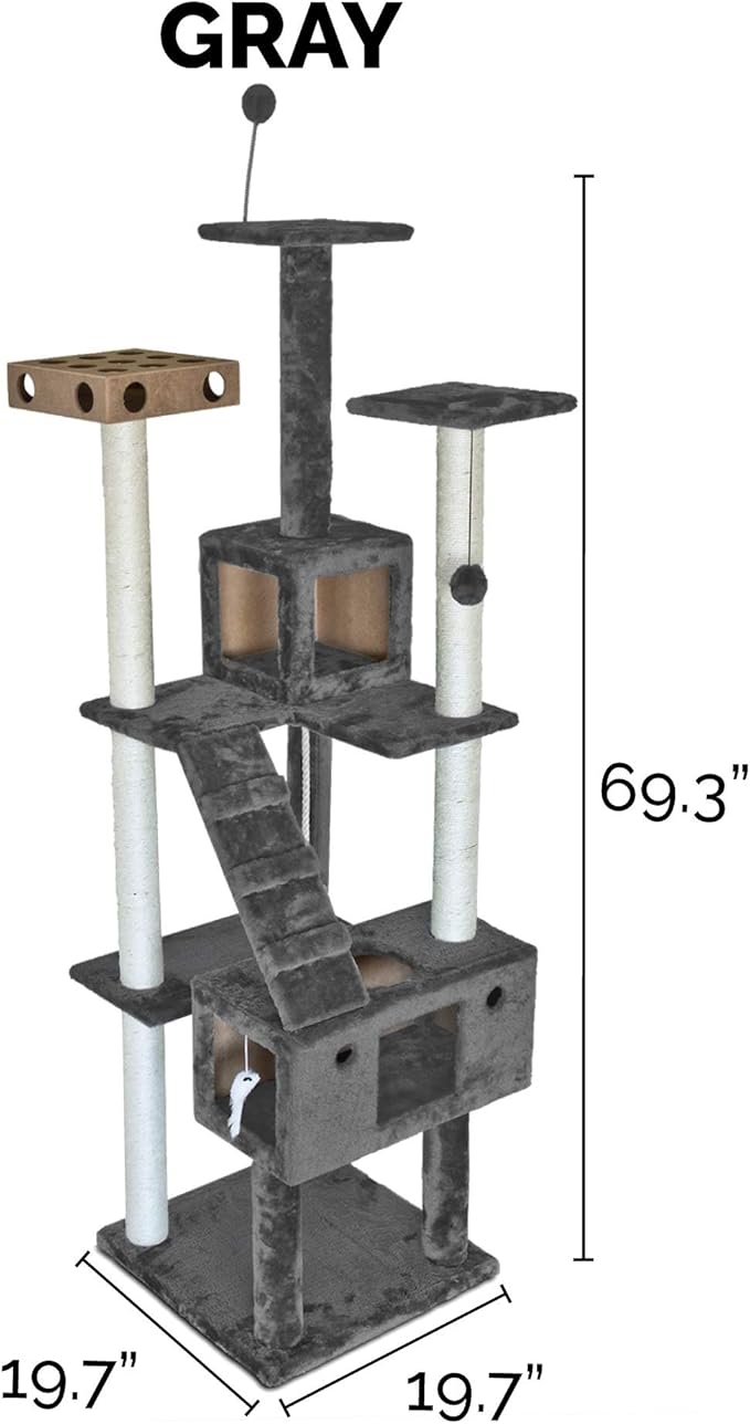 Furhaven 69.3" Tall Cat Tree for Indoor Cats, Ft. Sisal Scratching Posts, 2x Cat Condos, & Toys - Tiger Tough Double Decker Interactive Playground Tower - Silver Gray, One Size-Mewly Pet