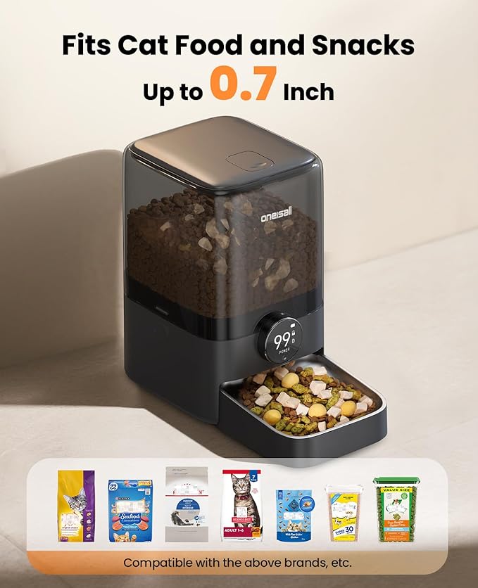 oneisall Cordless WiFi Automatic Cat Feeder, Rechargeable 100-Day Battery Operated Pet Feeder, 20 Cups/5L Timed Cat Food Dispenser for Large Kibble, Smart App Control (Black)-Mewly Pet