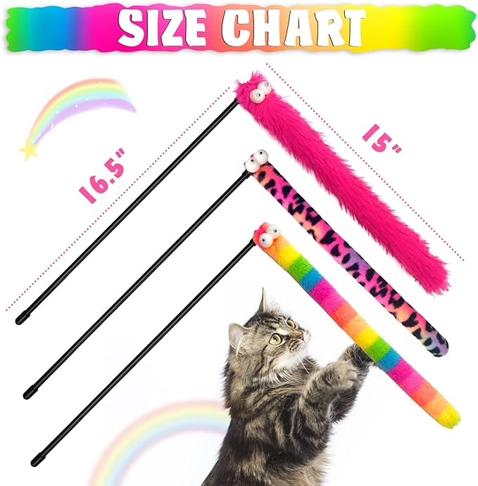 3 Pack Cat Wand Toy, Rainbow Cat Feather Toys with Bells, Teaser Wand with Soft Furry Tail, Interactive Toys for Indoor Cats & Kitten & Kitty-Mewly Pet