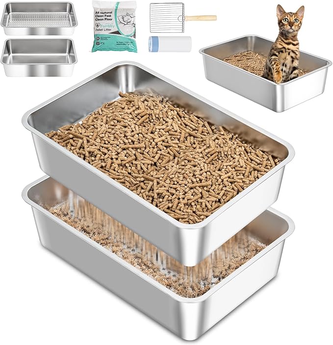 Stainless Steel Sifting Litter Box with Lid, Metal Litter Pan with Scoop for Big Cats Multi Cat, Extra Large Cats Litterbox Odor Control Easy Clean (23*15.4*6.9inch-Without Enclosure, X-Large)-Mewly Pet