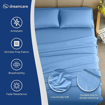 DREAMCARE California King Sheet Sets – 4 pcs Cooling Sheets – up to 21” Deep Cal King Sheets – Hotel Luxury Pillowcases – Superior Softness 100% Fine Microfiber with Side Pocket – Light Blue
