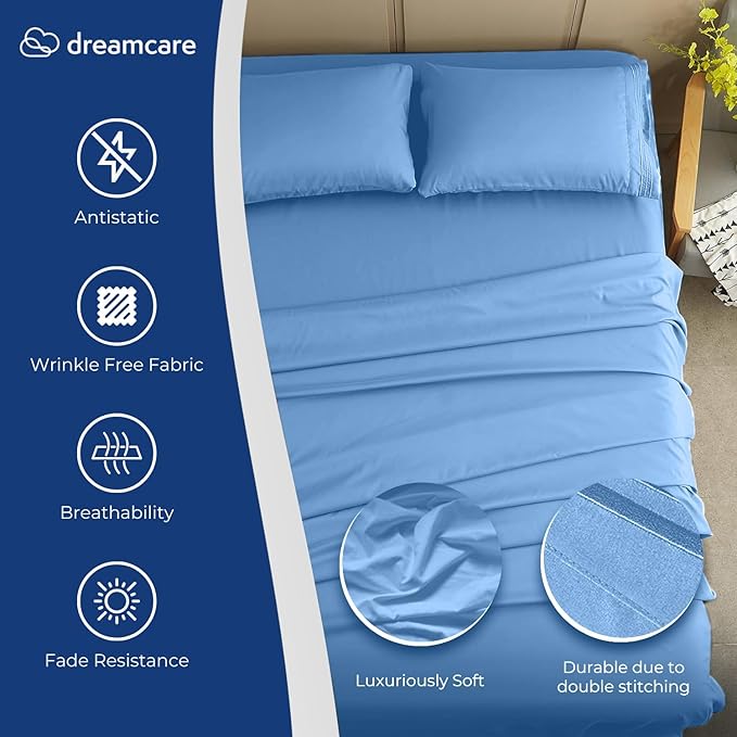 DREAMCARE Queen Size Sheets - Cooling Bed Sheets - 4pcs Set - up to 15" Deep Pocket Queen Sheet Set - Sheets Queen Size Bed - Soft & Long Lasting 100% Fine Brushed Polyester with Side Pocket - Lblue