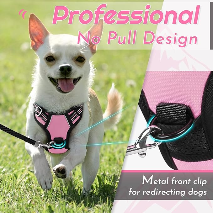 Eagloo Small Dog Harness No Pull, Service Vest with Reflective Strips and Control Handle, Adjustable and Comfortable for Easy Walking, No Choke Pet Harness with 2 Metal Rings, Pink, XS-Mewly Pet