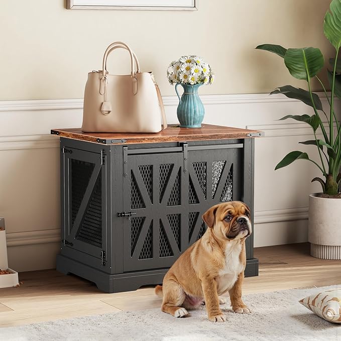 VOPEAK 27.5" Small Dog Crate Furniture, Chew Resistant Dog Crate for Puppy Dogs, Heavy Duty Small Dog Crate Dog Kennel Indoor with Double Doors, Wooden End Table for Bedroom Living Room, Black-Mewly Pet
