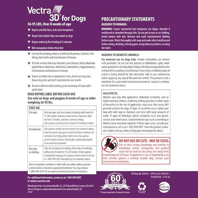 Vectra 3D for Dogs Flea, Tick & Mosquito Treatment & Prevention for Large Dogs (56 to 95 lbs) , 3 month supply-Mewly Pet