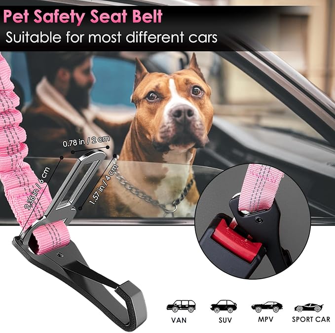 SlowTon Dog Seat Belt, Adjustable Dog Safety Belt Leash, 2 in 1 Latch Bar Attachment Dog Car Seatbelt with Elastic Nylon Bungee Buffer, Reflective Nylon Belt Tether(Pink,35.5in)-Mewly Pet