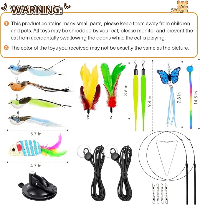 HONGDDY Interactive Bird Simulation Cat Toys，4 in 1 Cat Toys for Indoor Cats, 4 Replacement Birds，Hanging Door Kitten Wand with Suction Cup Removable Feathers Balls Mice Butterfly Streamers-Mewly Pet