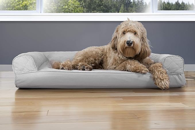 Furhaven Cooling Gel Dog Bed for Large/Medium Dogs w/ Removable Bolsters & Washable Cover, For Dogs Up to 55 lbs - Quilted Sofa - Silver Gray, Large-Mewly Pet