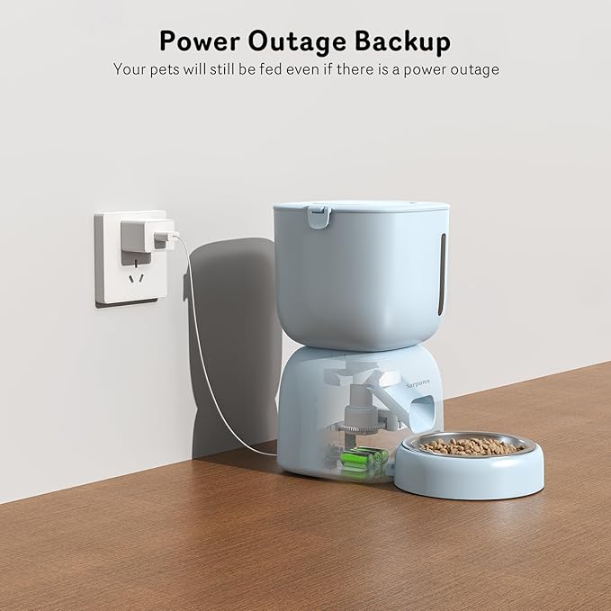 Automatic Cat Feeder and Water Dispenser FW1, Wire or Battery Cat Food Dispenser Timer Pet Feeder - Locking Lid, Desiccant Bag, Programmable Portion Control, 4 Daily Meals, 10s Voice Recorder-Blue-Mewly Pet