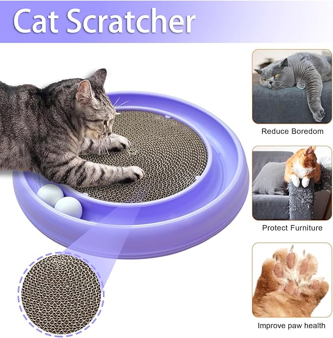 Interactive Cat Ball Track Toy for Indoor Cats, Cat Scratching Board & Exercise Set for Bored Indoor Adult and Kitten Mental & Physical Stimulation, with Spare Ball to Prevent Loss (Purple)-Mewly Pet
