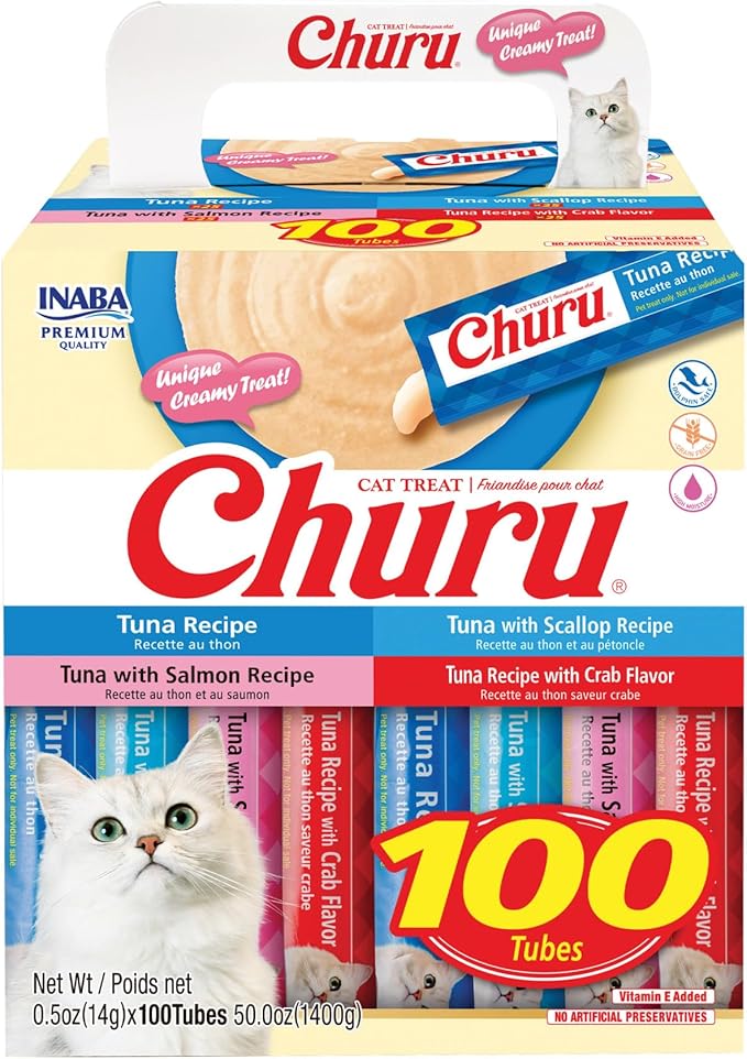 INABA Churu Cat Treats, Lickable, Squeezable Creamy Purée with Vitamin E, 0.5 Ounces per Tube, 100 Tubes Total, Tuna Variety-Mewly Pet