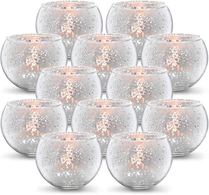 Volens Round Silver Votive Candle Holders, Mercury Glass Tealight Candle Holder Set of 12