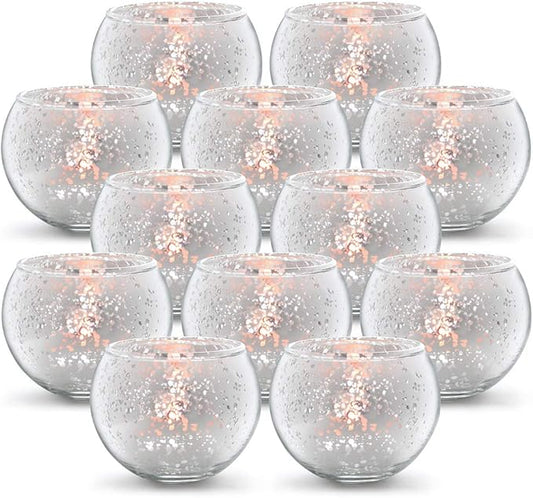 Volens Round Silver Votive Candle Holders, Mercury Glass Tealight Candle Holder Set of 12