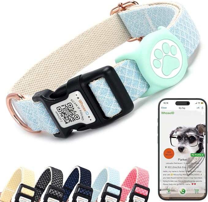 Dog Collar with Waterproof AirTag Holder & Anti-Lost QR Code, Cute Bling Warpping Adjustable Width for Small Medium Large Pet (Light Blue, M)-Mewly Pet