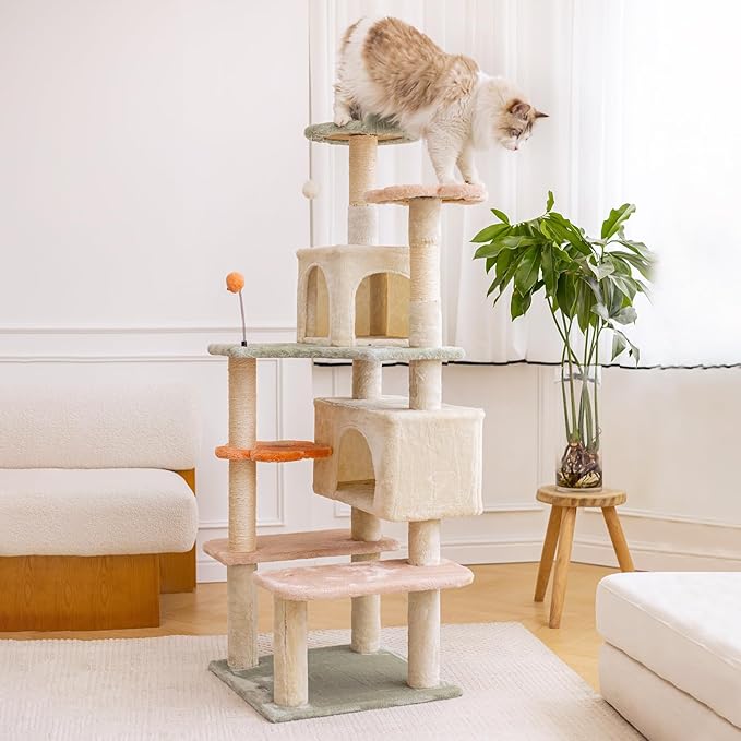 HYABi 59 Inch Flower Cat Tree Tower - Multi-Level Cat Condo with Plush Scratching Posts, Toy Balls, and Pet House, Indoor Play Platform for Large Adult Cats, Stylish Color Design-Mewly Pet