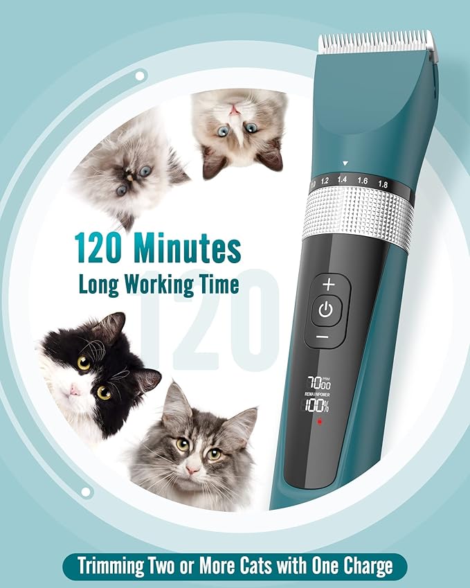 oneisall Cat Clippers for Matted Hair, 5-Speed Quiet Cat Grooming kit, Cordless Pet Shaver for Long Hair,Waterproof Pet Hair Trimmer, Pet Clippers for Cats(Green)-Mewly Pet