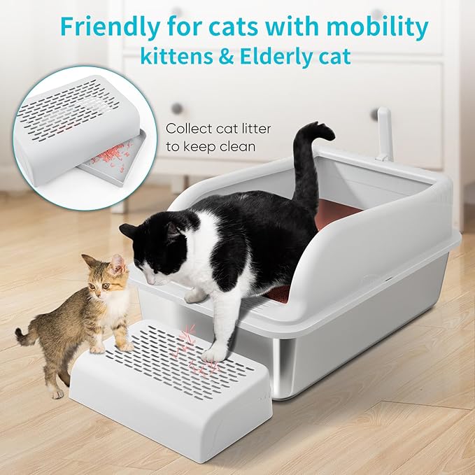 XL Stainless Steel Cat Litter Box with High Sided Lid for Big Cats, 23.5"L x 15.5"W x11.8"H, Metal Kitty Litter Tray with Scoop and Filter Pedal, Leak-Proof,Odorless,Non-Stick,Easy Cleaning-Mewly Pet