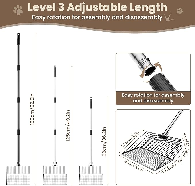 Chicken Poop Scooper for Sand - 10-inch 37 to 63" Long Chicken Coop Scoop with Stainless Steel Handle, Chicken Coop Cleaning Rake for Poop, Large Hen Litter Sifter Shovel-Mewly Pet