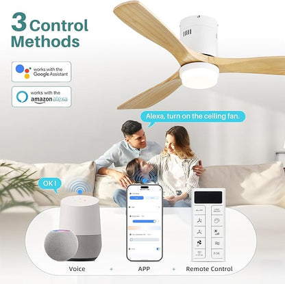 Sofucor 52 Inch Natural Wood & White Smart Ceiling Fans with Light Flush Mount Low Profile Modern Outdoor Solid Wood Ceiling Fan with Alexa/Google/APP/Remote Control for Bedroom/Farmhouse/Patio/Indoor