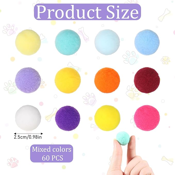 60 Pcs Cat Toy Balls 1-inch Colorful Cat Pom Pom Balls Soft Interactive Cat Balls Cat Play Toy Cat Exercise Toys Cats Interactive Playing Quiet Ball Fuzzy Kitten Ball for Cat Pet-Mewly Pet