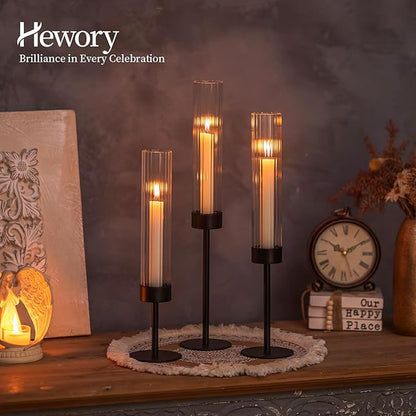 Hewory Black Taper Candle Holders: Candlestick Holders Set of 6 Hurricane Glass Tall Candle Holder for Candlesticks Candle Sticks Holder Decor for Table Centerpiece Wedding Party Christmas Decorations