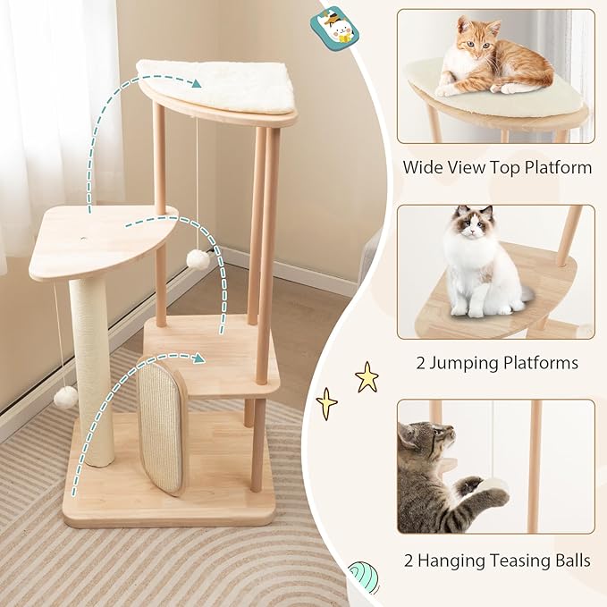 Tangkula Wood Cat Tree for Indoor Cats, Multi-Level Modern Cat Tower with Sisal Scratching Board & Post, Padded Perch, Platform, Hanging Toy, Minimalist Kitten Activity Center for Small & Medium Cats-Mewly Pet
