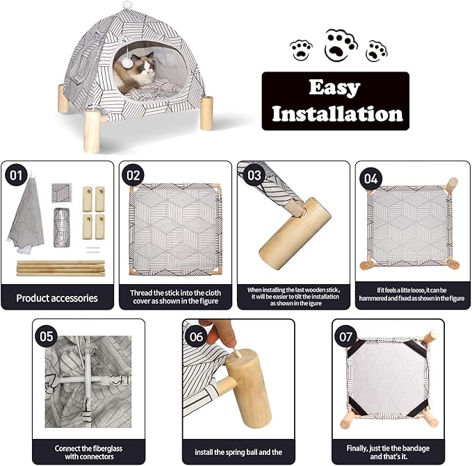 2-in-1 Elevated Cat Tent Cat House, Quick Assembly and Disassembly, Portable Indoor/Outdoor Cute Cat Bed Cave-White Diamond Pattern-Mewly Pet