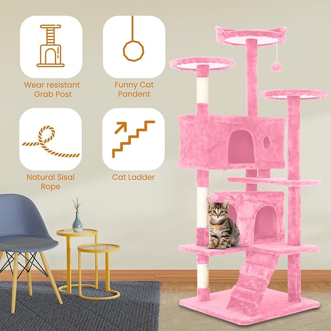 54.7 inches Cat Tower for Indoor Cats, Multi-Level Cat Condos with Scratching Posts, Hanging Toys, Pink-Mewly Pet