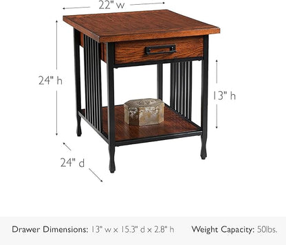 Leick Home Ironcraft Coffee Table, Solid Wood, 2 Drawers, 1 Display Shelf, Mission Oak, Black Steel, Easy Assembly, 46 in L x 22 in W x 20 in H, 11262