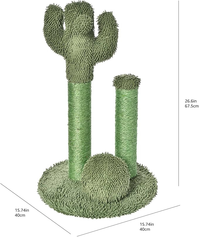 Amazon Basics Cat Scratcher - Indoor Cactus Triple Posts Cat & Kittens Scratching Post with Dangling Ball, Large (27"H) - Green-Mewly Pet