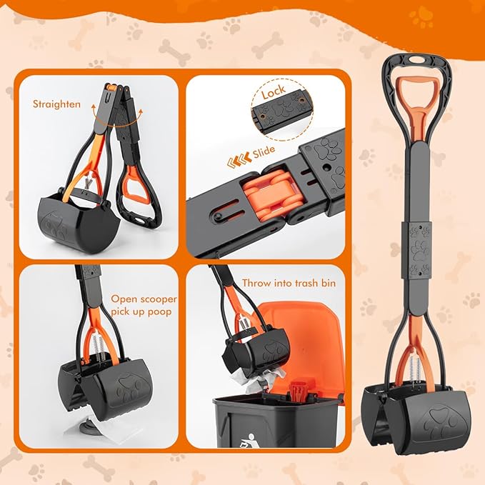 28" Pooper Scooper and 38" Heavy Duty Stainless Steel Rake & Tray Set, 3 in 1 Portable Dog Pooper Scooper Set for Large Medium Small Dogs in Grass, Dirt or Gravel-Mewly Pet