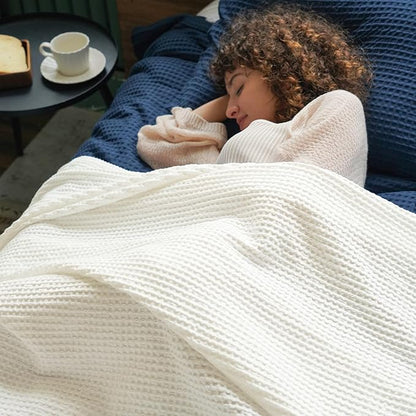 PHF Pre-Washed Cotton Waffle Weave Family Blanket,Oversized King Size 120"x 120"-Snag Proof Lightweight Breathable, 10'x 10' Huge Extra Large Big-Elegant Aesthetic Home Decoration Gift,Cream