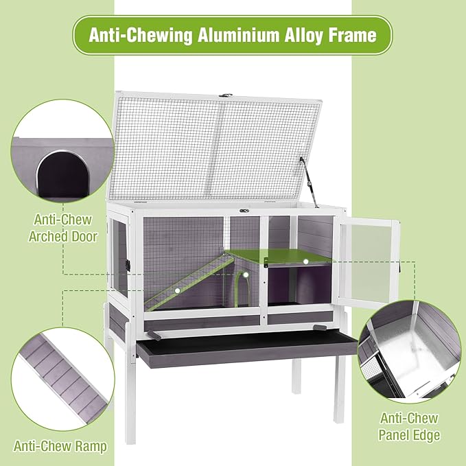 GUTINNEEN Indoor Guinea Pig Cage Rabbit Hutch with Chew-Proof Ramp, 2-Story Wooden Bunny House with Pull-Out Trays & Leakproof PVC Layer, Small Animal Cages with Detachable Legs (Gray)-Mewly Pet