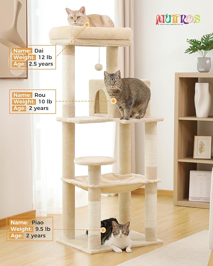 Cat Tree for Large Cats Adult with Metal Plush Big Hammock, 56.3" Cat Tower with 2 Door Condo House, 6-Tier Cat Shelves with Scratching Posts and Large Top Perch, Beige-Mewly Pet
