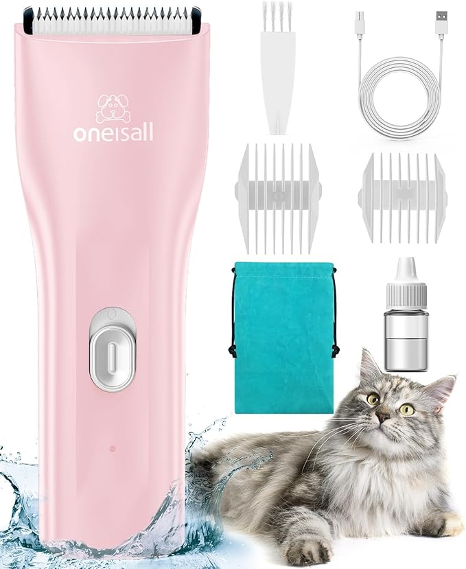 oneisall Pet Clipper for Cat Matted Hair, Pet Shaver for Cats Quiet Pet Clippers Waterproof Cordless Cat Clippers for Matted Hair Long Hair with Storage Bag (Pink)-Mewly Pet