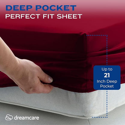 DREAMCARE Queen Sheet Set – 4 pcs Cooling Sheets – up to 21” Extra Deep Pocket Queen Sheets – Hotel Luxury Sheets & Pillowcases – Superior Softness 100% Fine Microfiber with Side Pocket – Burgundy