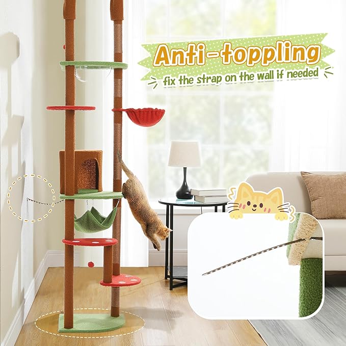 PEQULTI Floor to Ceiling Cat Tree 92.9’’-101.6’’ Height Adjustable Mushroom Cat Tower Tall Climbing Play House with Scratching Posts, Cozy Condo, Perches and Large Hammock for Indoor Cats Brown-Mewly Pet