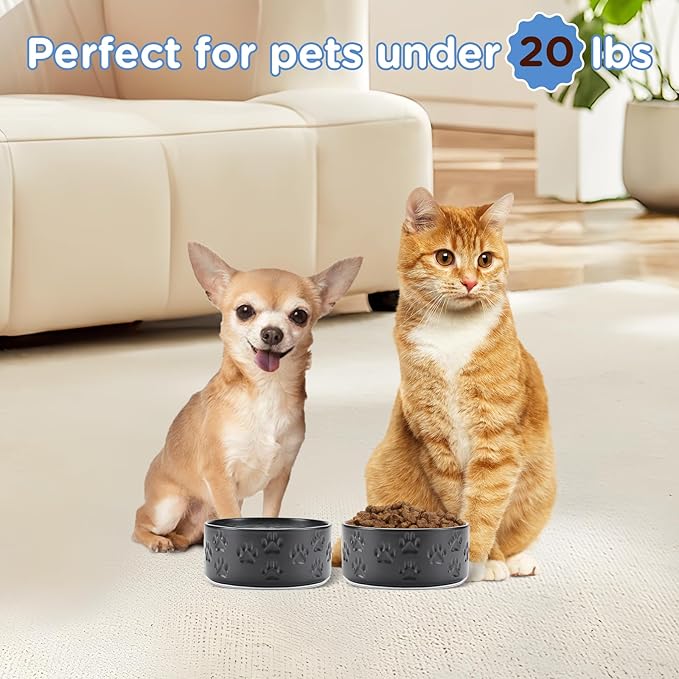 SPUNKYJUNKY Ceramic Dog and Cat Bowls 2 Pack, 5.1'' Dog and Cat Food Water Double Feeding Bowls Non-Slip for Cats and Puppy Small Sized Breed Dogs Microwave Dishwasher Safe - 13.5 OZ, 2pcs, Paw Black-Mewly Pet