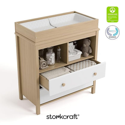 Storkcraft Alpine Nursery Changing Table Dresser Combo (White with Driftwood) – GREENGUARD Gold Certified, Dresser for Nursery, Changing Table with Drawers, Removable Changing Table Topper