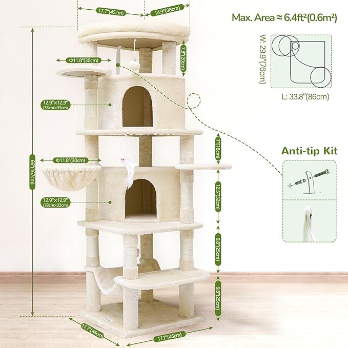 Globlazer Corner Cat Tree for Large Cats, 66inch Tall Curved Series Large Cat Tower for Multiple Indoor Cats with 6 Scratching Posts, 2 Spacious Cat Condos, Hammock, Hanging Basket, C66, Beige-Mewly Pet