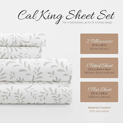 Linen Market Double-Brushed Patterned Microfiber California King Sheet Set 4 Piece – Oeko-TEX Certified Ultra Soft & Wrinkle-Free - 16" Deep Pocket Sheets Easy Care Cal-King Size - Vines Light Gray