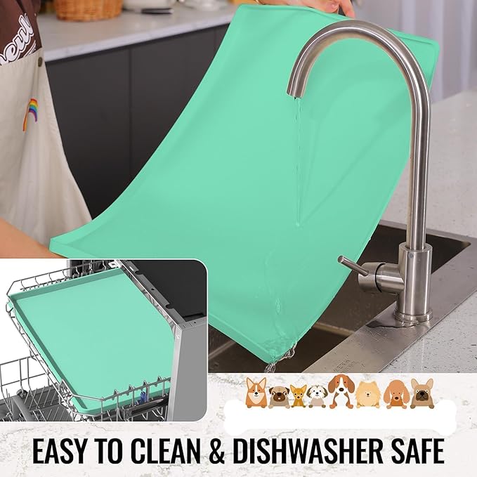 MateeyLife Dog & Cat Food Mat - Waterproof, Nonslip, Raised Edges, Silicone Tray for Messy Drinkers, 24"x16", Mint Green-Mewly Pet