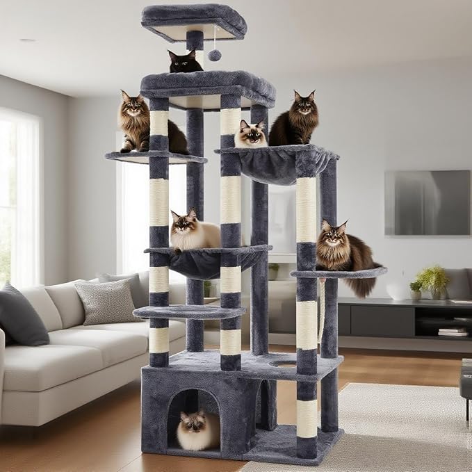 Heybly Heavy Duty Cat Tree, 71-Inch Tall Tower for Large Maine Coon with Extra-Large Baseboard, Cat Condo Furniture with Multi-Level Platforms, 2 Hammocks and 12 Scratching Posts, Smoky Gray HCT037G-Mewly Pet