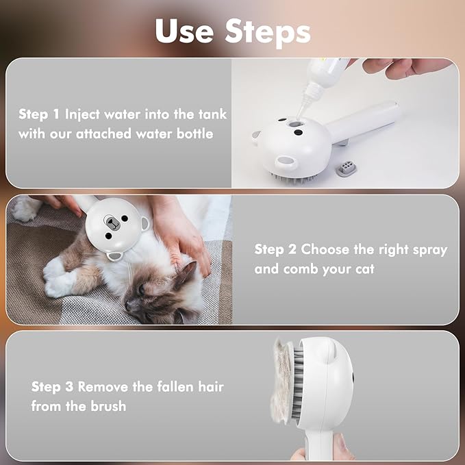 4 in 1 Pet Steam Brush for Cat & Dog, Cat Steam Brush for indoor Cats, Self Cleaning Shedding & Grooming Tool with Waterless Shampoo, Pet Spray Hair Removal Comb with Release Button & Water Tank-Mewly Pet