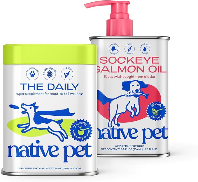 Native Pet The Daily Dog Supplement (30 Scoops) & Salmon Oil for Dogs & Cats (8 Oz) - 11 in 1 Multivitamin & Pure Omega-3 Fish Oil Supplement for Skin & Coat, Joint, Heart Health & Anti-Inflammatory-Mewly Pet