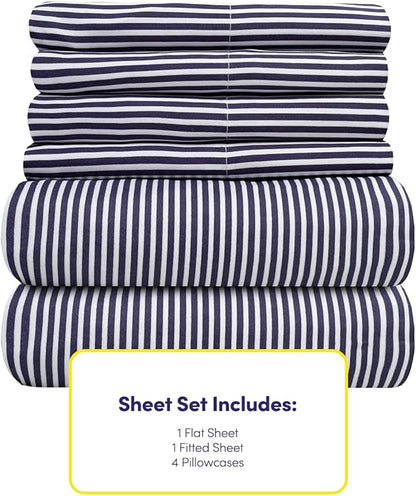 Queen Sheets Stripe Navy - 6 Piece 1500 Supreme Collection Fine Brushed Microfiber Deep Pocket Queen Sheet Set Bedding - 2 Extra Pillow Cases, Great Value, Queen, Classic Stripe Navy