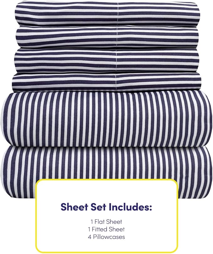 Cal King Size Bed Sheets - 6 Piece 1500 Supreme Deluxe Collection Deep Pocket Ultra Soft California King Sheet Set Bedding - 2 Extra Pillow Cases, California King, Classic Stripe Navy