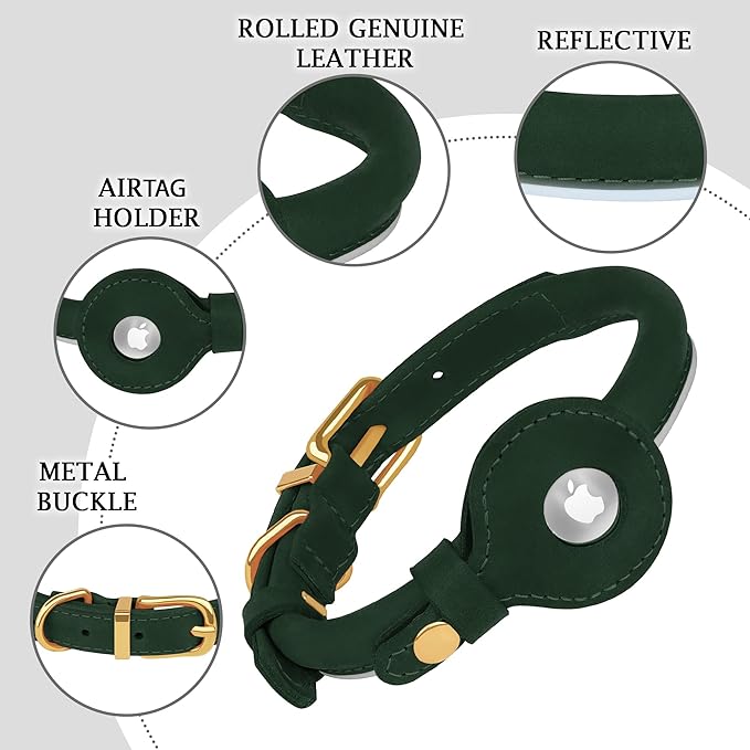 OOPSDOGGY Rolled Leather Dog Collar with Airtag Holder - Reflective Round Airtag Dog Collar - Soft Tracking Pet Collar for Small Dogs Puppy Cats Kitten (Green, XXL, 20"-24")-Mewly Pet