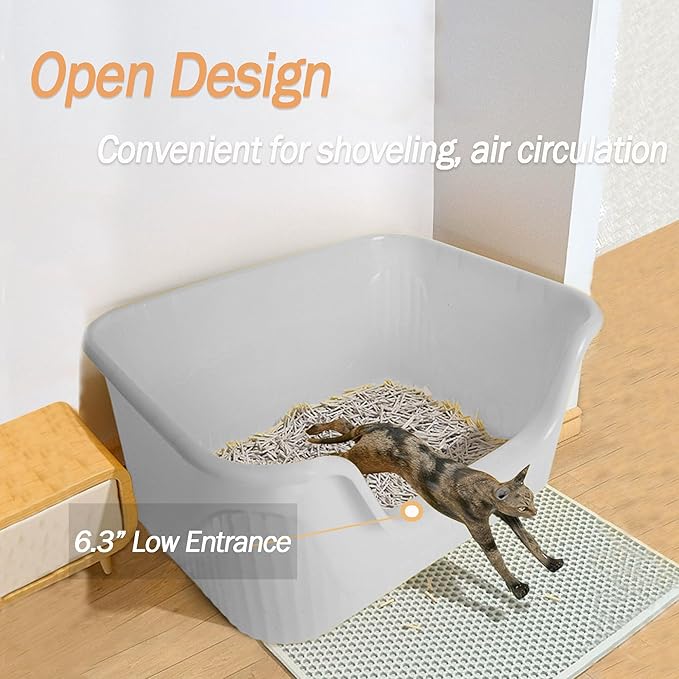 Vealind 2 Extra Large Cat Litter Box with High Sides, XL Litter Boxes for Indoor Big Cats, Grey Big Tall Deep High Wall Litter Box for 2 or Multiple Cats-Mewly Pet